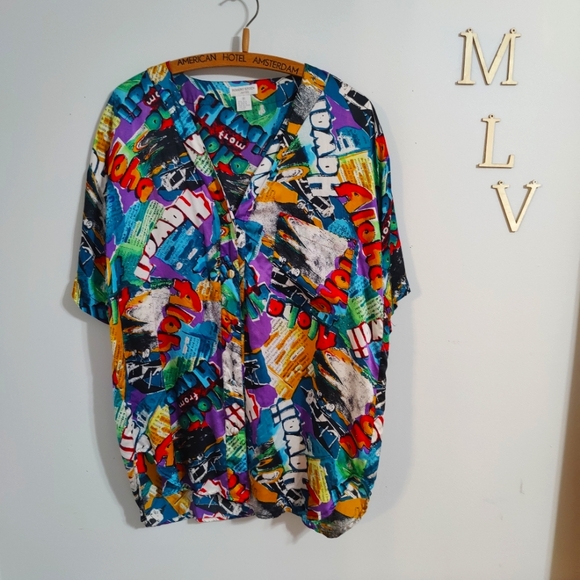 silk 80s oversized luxury V neck   regal Hawaii slick button front blouse L - Picture 2 of 9